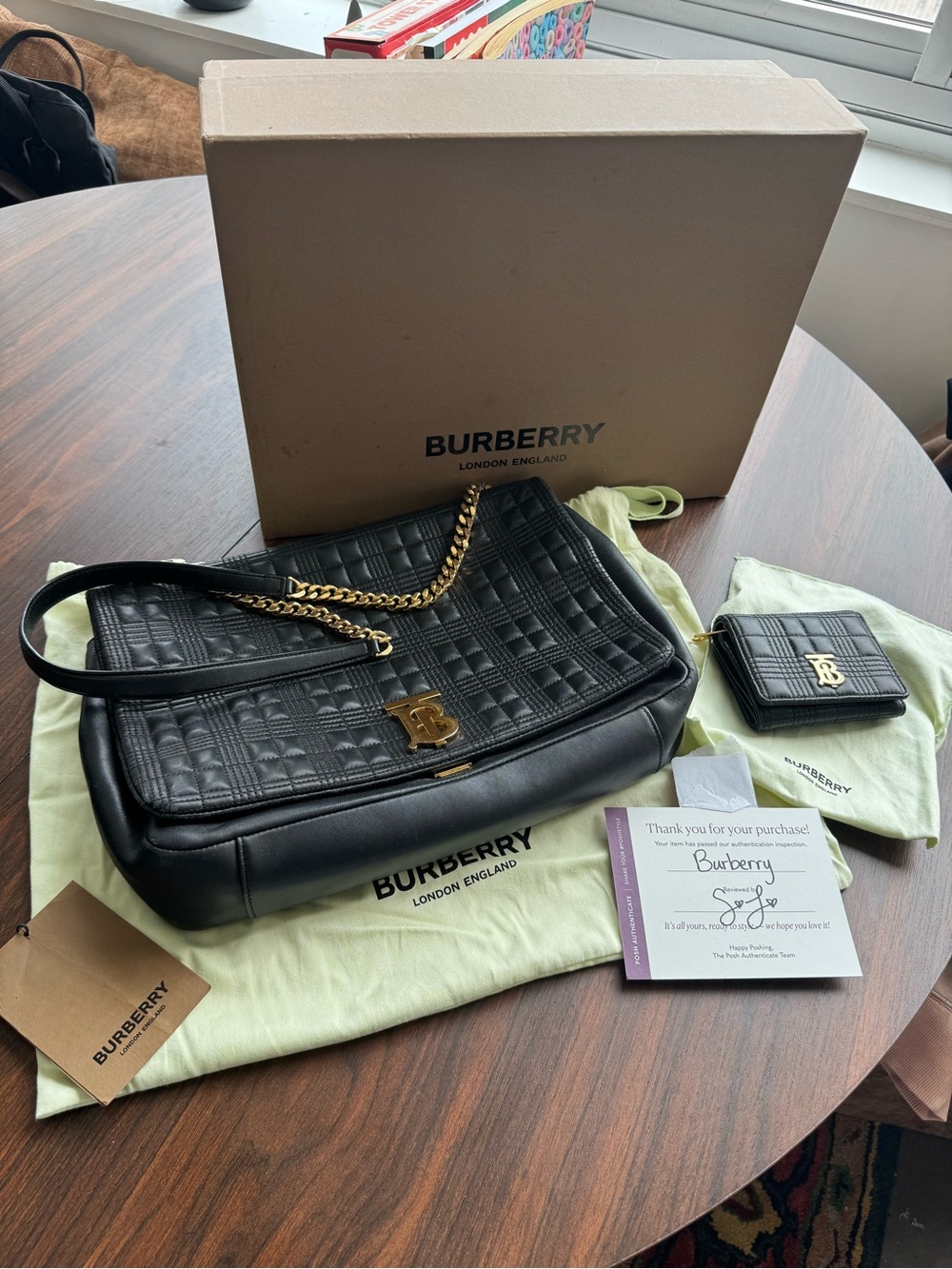 Burberry Black Quilted Lola Leather Shoulder Bag with Gold TB Hardware & Wallet